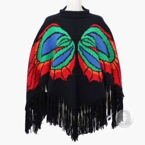 Vintage Poncho Butterfly Multicolor Knit Fringe Pullover One Size Fits Most
